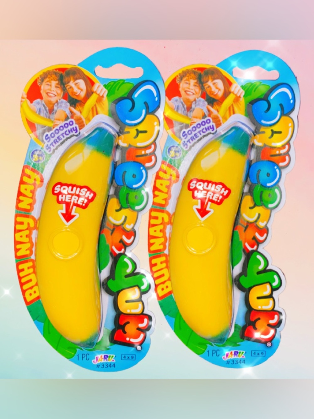 2x NEW Ja-Ru Squeesh Yum Buh Nay Nay Yellow Banana Stretchy Squishy Sensory Toys